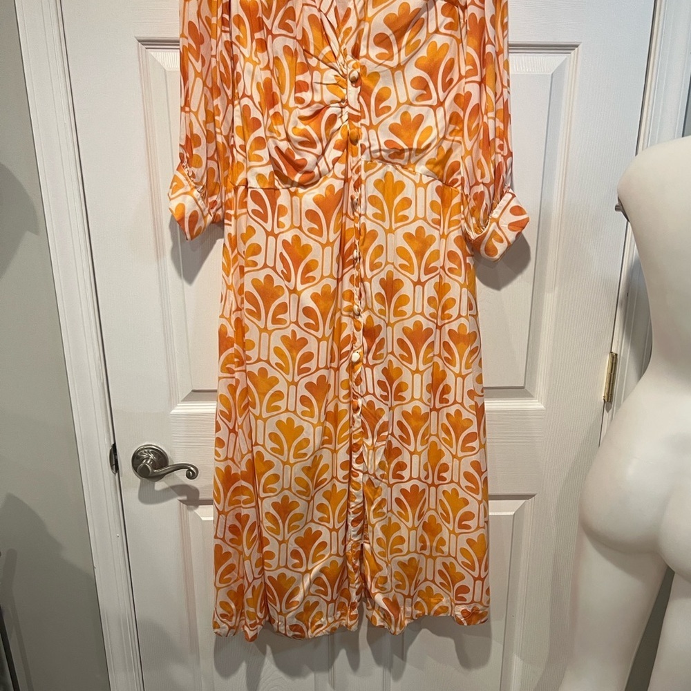 Maeve Anthropologie orange & white printed wrap shirt maxi dress 12 - Picture 5 of 9